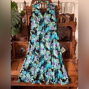 Erika Retro Vintage Black Hawaiian Floral Maxi Dress Size Large